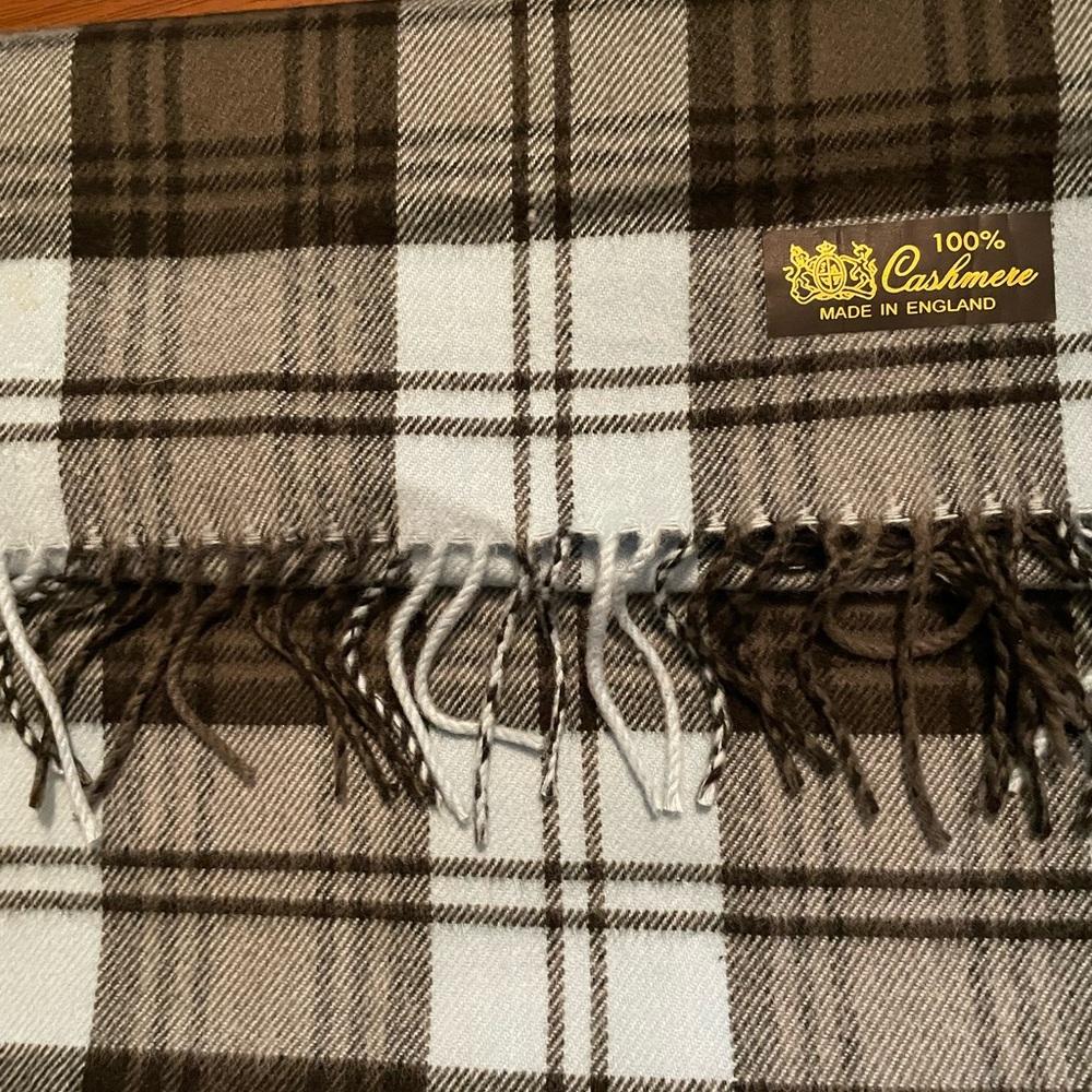 Cashmere scarf, light blue and black plaid, made in England.